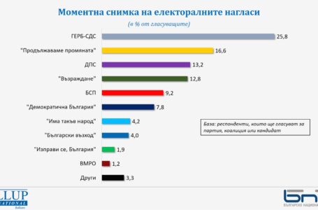 “Галъп”: ГЕРБ-СДС получава 25.8%, ПП – 16,6%, ДПС – 13,2%, Възраждане – 12,8%, БСП – 9,2%, ДБ – 7,8%